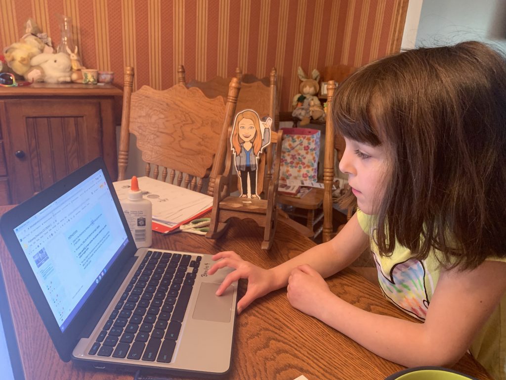 A girl is sitting at the table with her laptop.